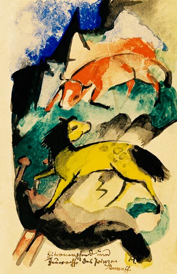 Caballo de limón y buey de fuego del príncipe Jussuff (en la postal a unos alumnos de calabozo) – Franz Marc Franz Marc mx.artemisreproduction.com