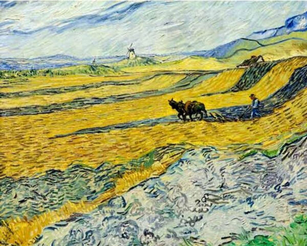 Campo con campesino labrando y el molino – Van Gogh Vincent Van Gogh mx.artemisreproduction.com