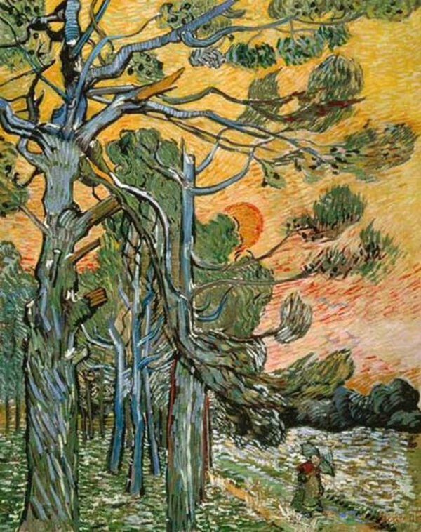 Pinos bajo el sol poniente y el personaje femenino – Van Gogh Vincent Van Gogh mx.artemisreproduction.com