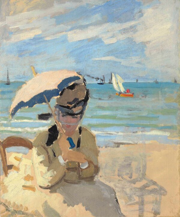 Camille sentada en la playa de Trouville – Claude Monet Claude Monet mx.artemisreproduction.com