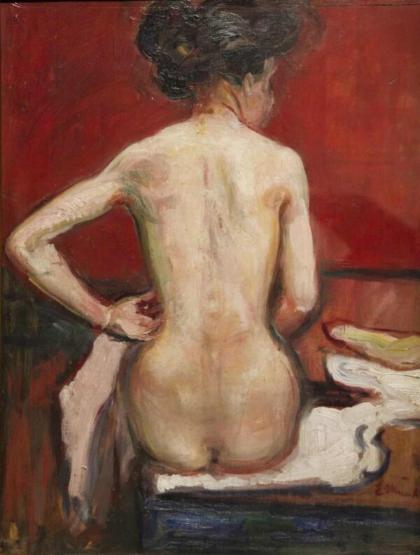 Vista de dos de un nu femenino sentado sobre fondo rojo – Edvard Munch Edvard Munch mx.artemisreproduction.com