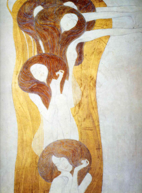 La frisa de Beethoven: La aspiración a la felicidad encuentra su refugio en la poesía. Mur de derecha, detalle – Gustav Klimt Gustav Klimt mx.artemisreproduction.com