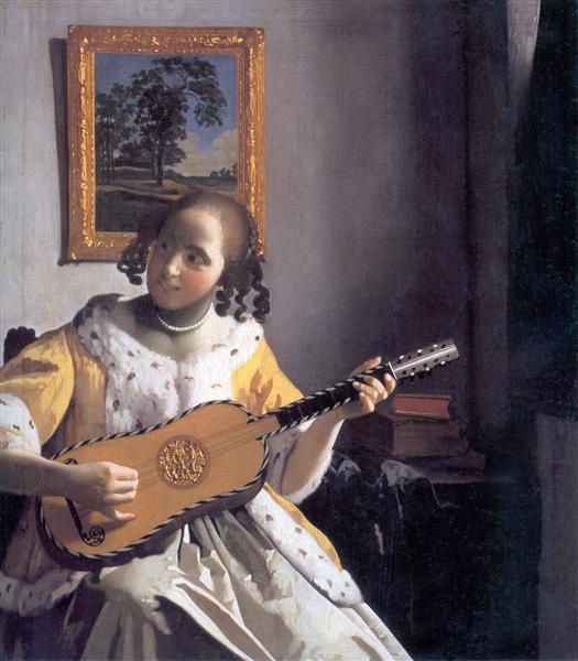 Una mujer tocando la guitarra – Johannes Vermeer Johannes Vermeer mx.artemisreproduction.com